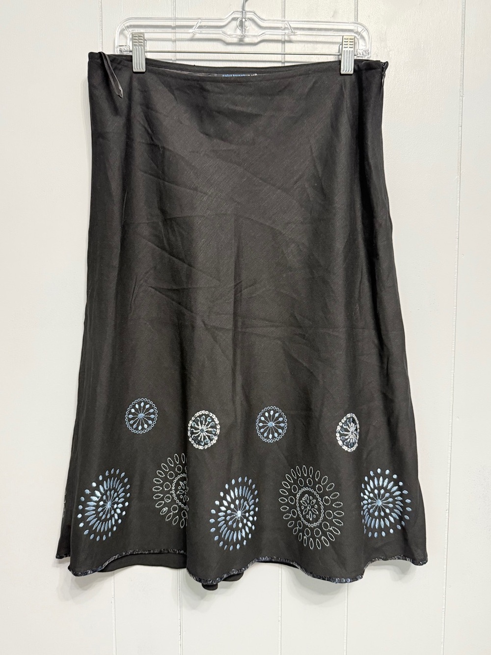 Saint Tropez West 100% Linen Black A-Line Skirt with Blue Medallion Trim